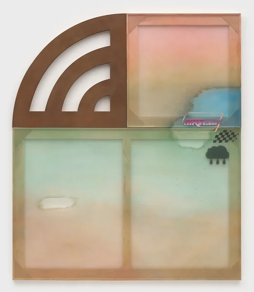 Dirt Car, 2025, alkyd on marine vinyl, wood, 84 x 72 inches