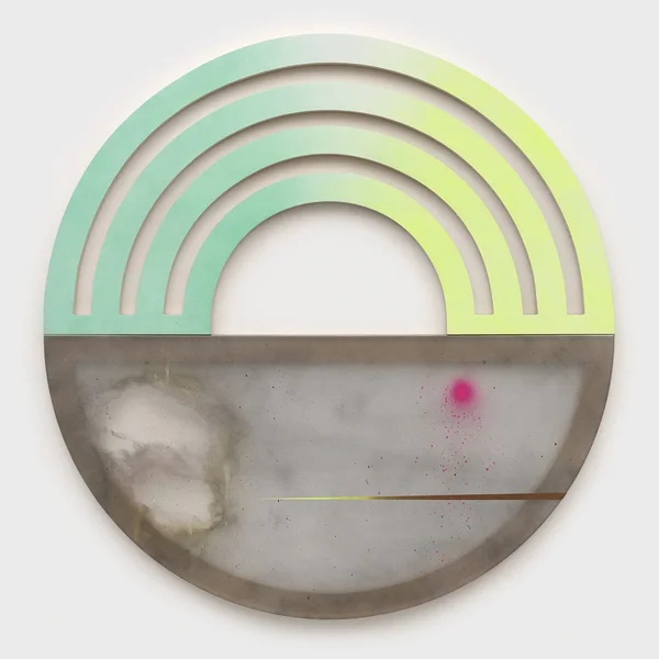 New Again, 2025, alkyd on marine vinyl, wood, 55 inches diameter