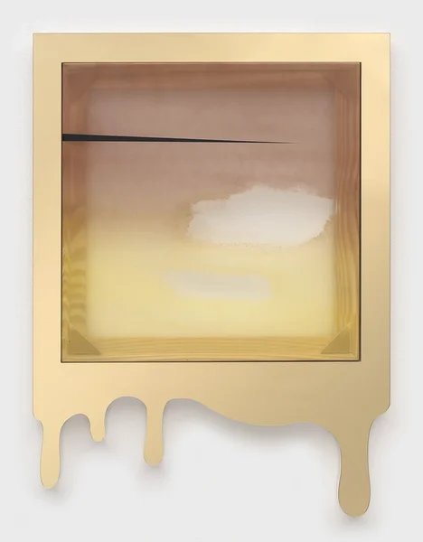 Eros in Amber, 2025, alkyd on marine vinyl, wood, plexiglas, PVC, 29 x 21.5 inches