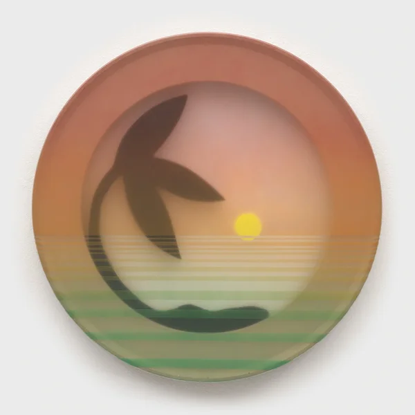 Sunrise (muted), 2025, alkyd on marine vinyl, wood, 18 inches diameter