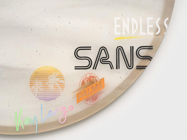 (detail), Endless Sans, 2024, alkyd on vinyl and PVC, wood, 96 inches dia
