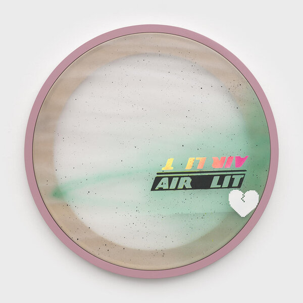 Air Lit, 2024, alkyd on vinyl, wood, artist&#x27;s frame, 32 inches dia