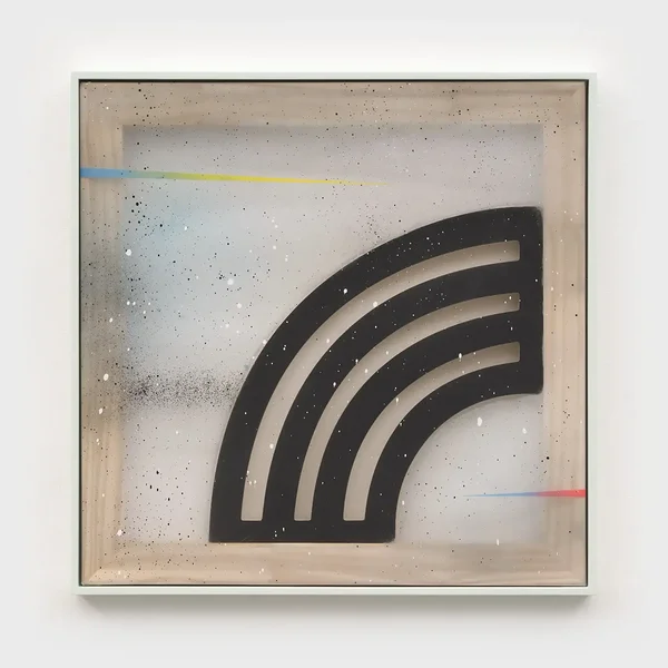 Overcast (Sky with Rainbow), 2024, alkyd on vinyl, wood, enamel, 18 3/4 x 18 3/4 inches