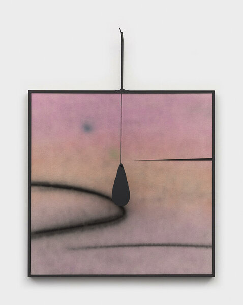 Dripping Pink (After Calder), 2022, acrylic on canvas, painted wood frame, steel, cotton rope, dibond, 48 x 37 x 6 inches