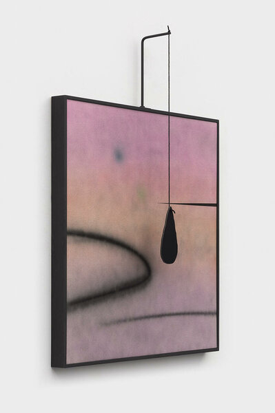 Dripping Pink (After Calder), 2022, acrylic on canvas, painted wood frame, steel, cotton rope, dibond, 48 x 37 x 6 inches