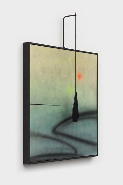 Dripping Green (After Calder), 2022, acrylic on canvas, painted wood frame, steel, cotton rope, dibond, 48 x 37 x 6 inches