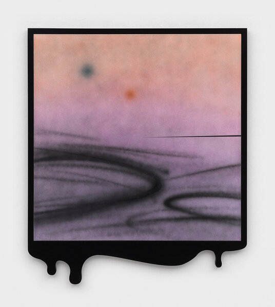Sunrise Dripping (Pink/Lavender), 2022, acrylic on canvas, plexiglas and PVC frame, 44 1/2 x 38 inches 