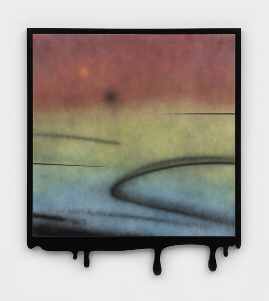 Sunset Dripping (Rainbow Fade), 2022, acrylic on canvas, plexiglas and PVC frame, 44 x 38 inches 