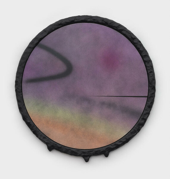 The Sun (Dripping), 2022, acrylic on canvas, epoxy resin and PVC frame, 22 1/2 inches diameter