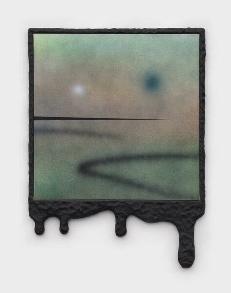Sunset (Dripping Green), 2022, acrylic on canvas, epoxy resin and PVC frame, 25 3/4 x 19 inches