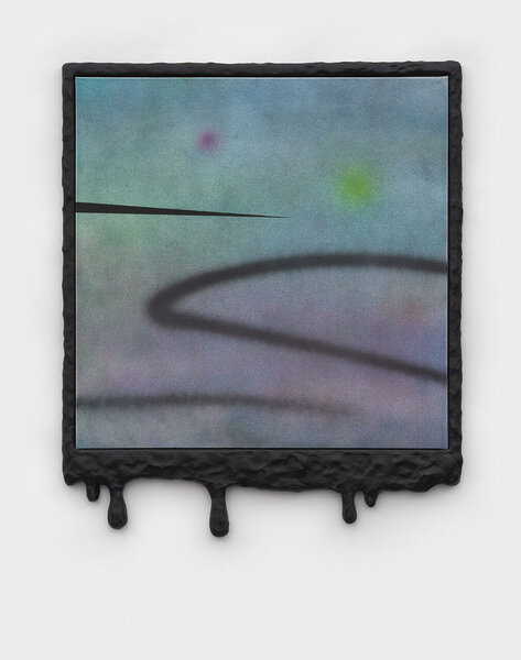 Sunrise (Dripping Violet), 2022, acrylic on canvas, epoxy resin and PVC frame, 23 x 19 inches
