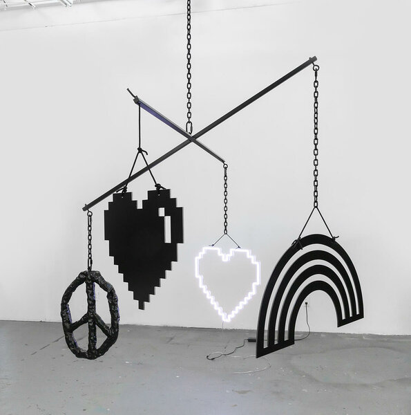 Mobile (Double Happiness), 2021, dibond, steel, powder coated steel chain, epoxy, nylon rope, hardware, LED, 96 x 96 x variable height