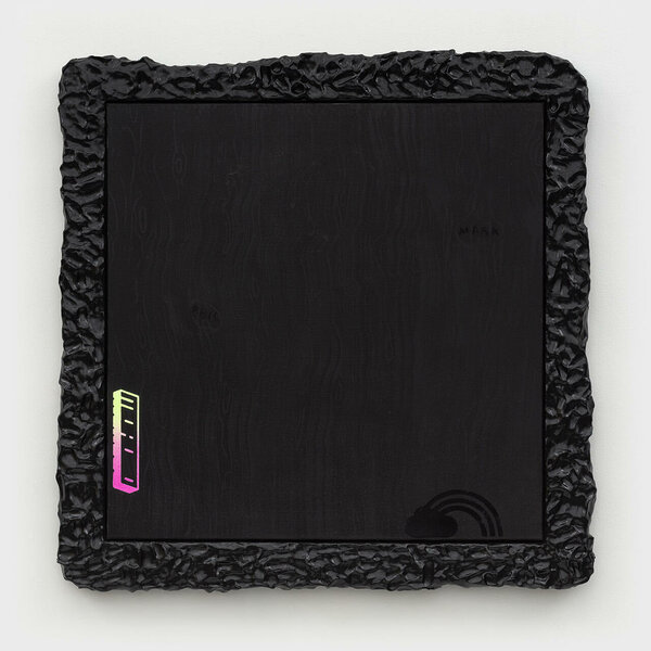Moroso (Mark and Phil), 2021, acrylic and flocking on canvas, wood, epoxy and enamel artist’s frame, 37 x 37 inches