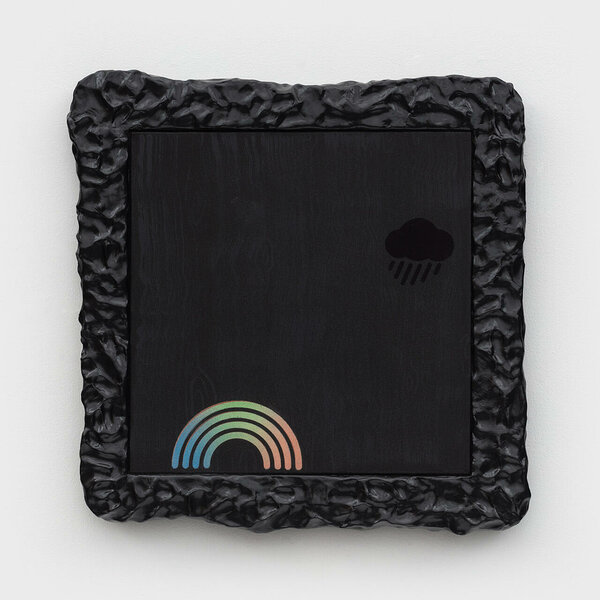 I Was Here (Rainbow), 2021, acrylic and flocking on canvas, wood, epoxy and enamel artist’s frame, 23 x 23 inches