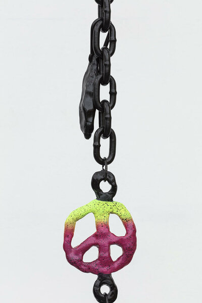(detail) Drop (The End), 2021, dibond, epoxy, enamel, powder coated steel chain, hardware, 12 inches x variable height