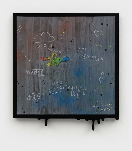 Zac Smells, 2020, acrylic on canvas, PVC and plexiglas artist’s frame, 21 3/4 x 19 inches