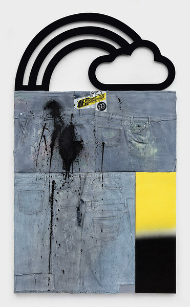 Competition Engineering, 2019, upcycled denim, acrylic, dye and decals on four canvases, dibond, 72 x 48 inches