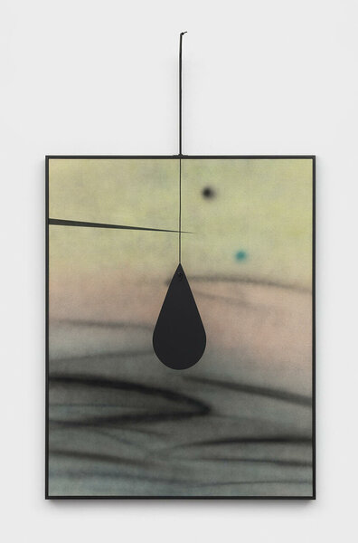 Drop II (after Calder), 2021, acrylic on canvas, painted wood frame, steel, cotton rope, dibond, 80.75 x 48 x 9.5 inches