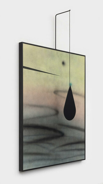Drop II (after Calder), 2021, acrylic on canvas, painted wood frame, steel, cotton rope, dibond, 80.75 x 48 x 9.5 inches