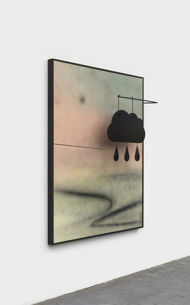 Rain Cloud (after Calder), 2021, acrylic on canvas, painted wood frame, steel, cotton rope, dibond, 61.25 x 51.75 x 9.5 inches