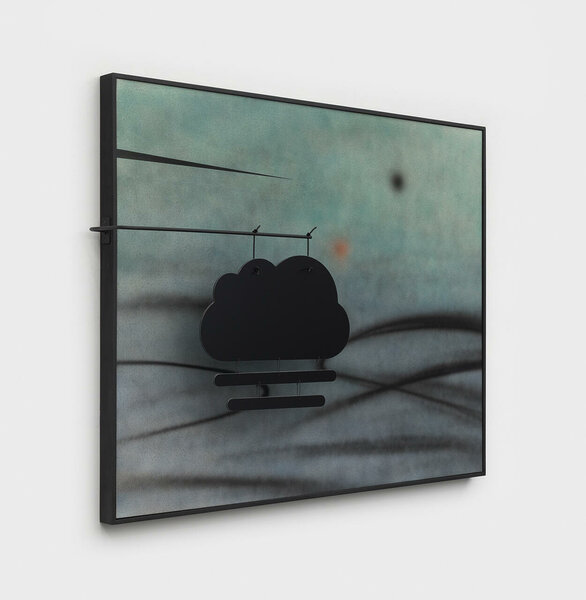 Fog Cloud (after Calder), 2022, acrylic on canvas, painted wood frame, steel, cotton rope, dibond, 48 x 63.75 x 9.5 inches
