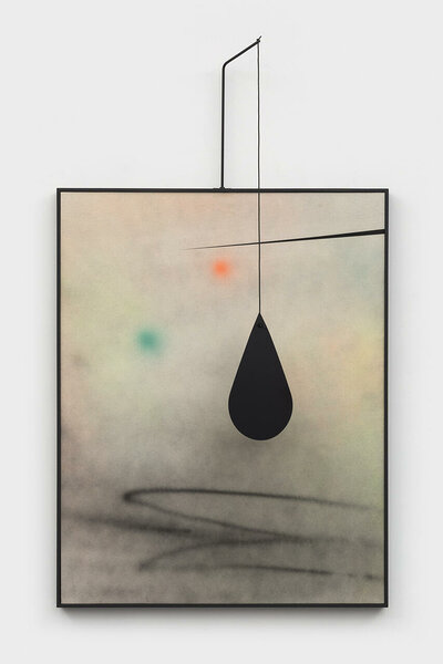 Drop (after Calder), 2021, acrylic on canvas, painted wood frame, steel, cotton rope, dibond, 80 3/4 x 48 1/4 x 9 1/2 inches