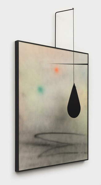 Drop (after Calder), 2021, acrylic on canvas, wood frame, steel, cotton rope, dibond, 80 3/4 x 48 1/4 x 9 1/2 inches