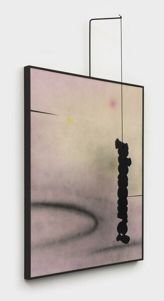 Pleasure! (after Calder), 2021, acrylic on canvas, wood frame, steel, cotton rope, dibond, 80 3/4 x 48 1/4 x 9 1/2 inches