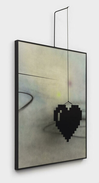 Pixel Heart (after Calder), 2021, acrylic on canvas, painted wood frame, steel, cotton rope, dibond, 80 3/4 x 48 1/4 x 9 1/2 inches