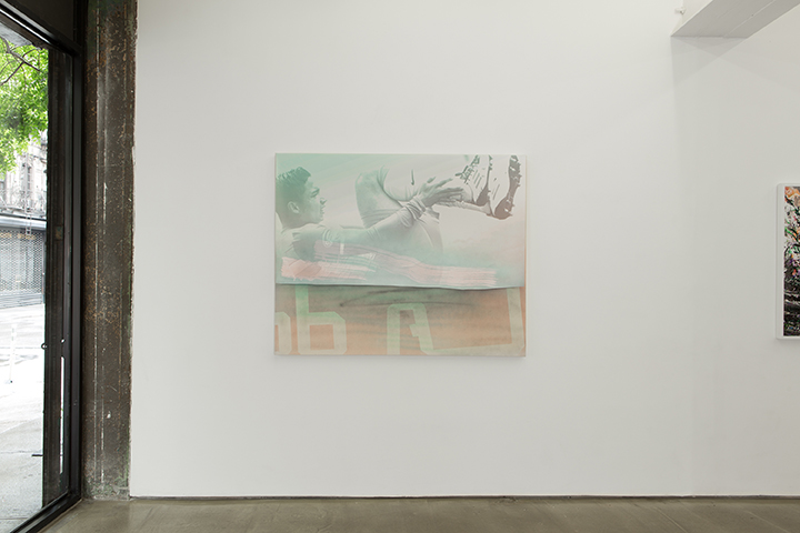 Installation view, Cardo, 2014, acrylic on canvas, inkjet print on vinyl, 48 x 60 inches