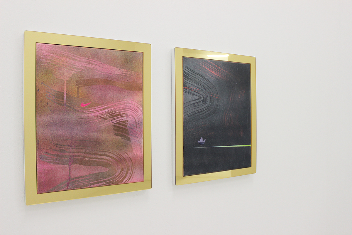 Nike, 2014 and Original (Lavender), 2014, acrylic on canvas, plexiglas and PVC artist&#x27;s frames, each 16 x 13 inches