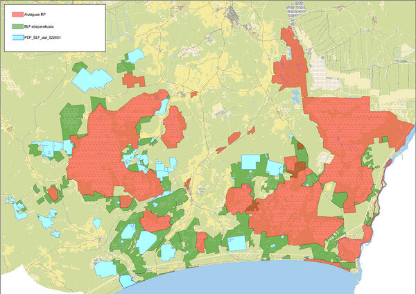 Kaart, kus punasega märgitud olemasoleva rahvuspargi alad, rohelise ja sinisega alad, mis liidetaks ettepaneku kohaselt rahvuspargiga (eraldi on sinisega välja toodud alad, mis juba püsielupaigad.) Kaart: Keskkonnaamet