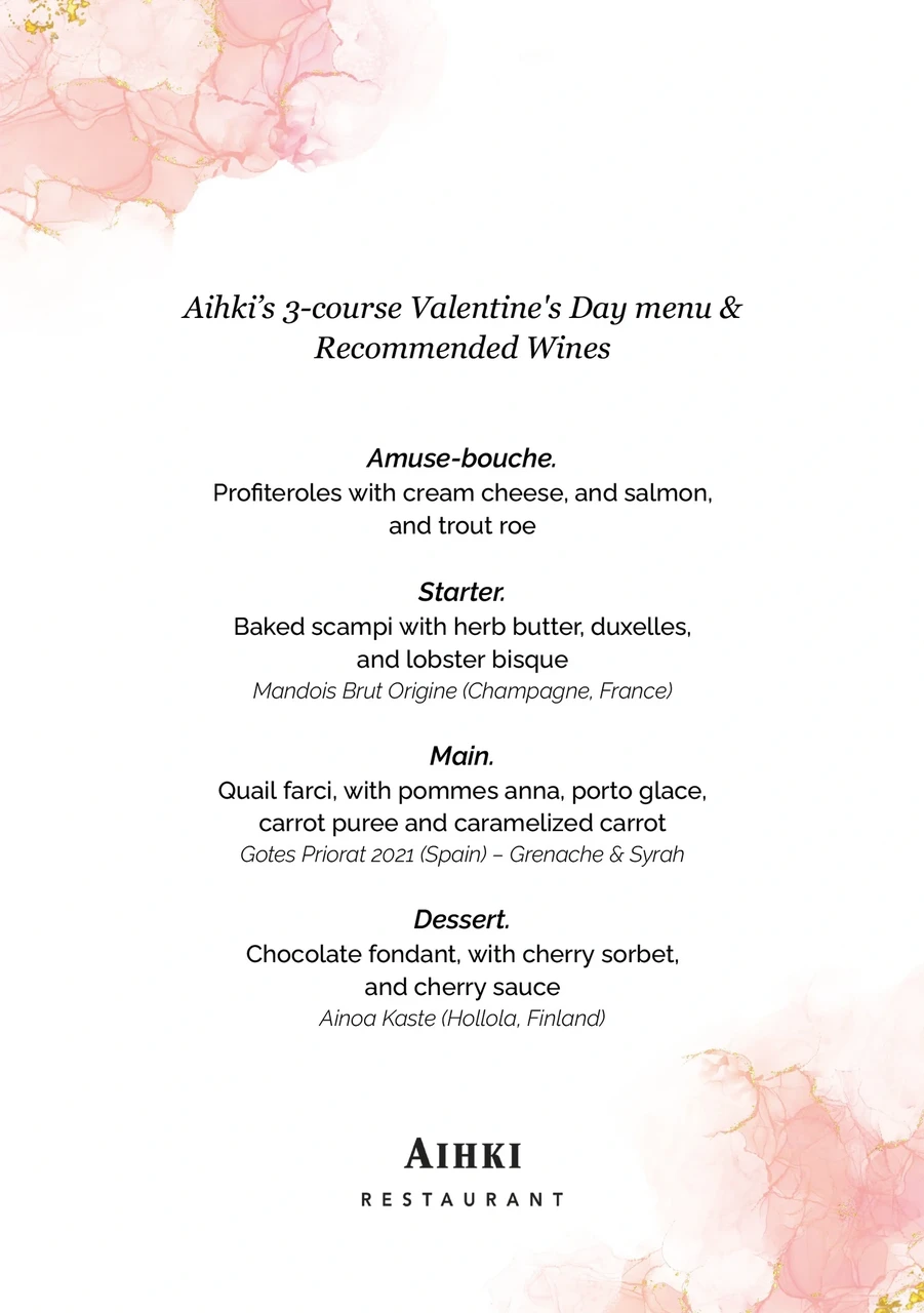 Aihki's 3-course Valentine's Day menu