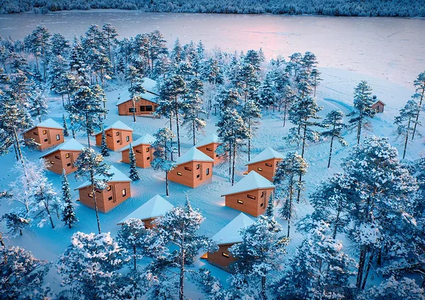 Two-story glass wall showcasing serene Pyhäjärvi lake and fells at dawn