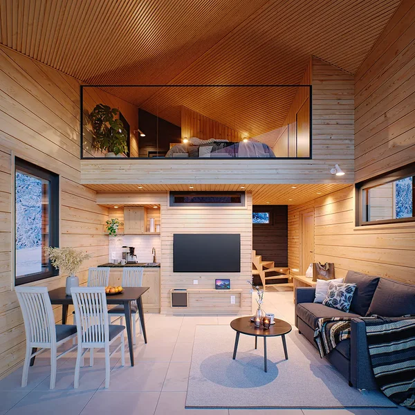 Modern living room with panoramic fell and lake views from large glass wall