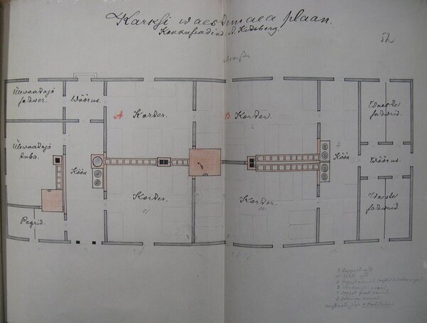 35 inimest mahutav Karksi valla vaestemaja ehitati 1886. aastal. Hoone plaani valmistas vallakirjutaja August Kitzberg. Rahvusarhiiv, EAA.931.1.500