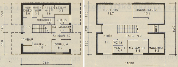 Kahekorruselise elamu esimese (vasak) ja teise (parem) korruse plaanid. Allikas: Ehitus ja Arhitektuur, 1973, nr 4