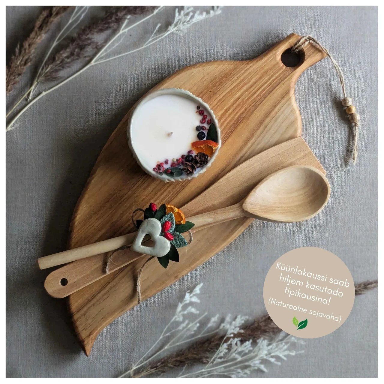 Jõulukink - Saarepuust lõikelaud, käsitööküünal, puulusikad