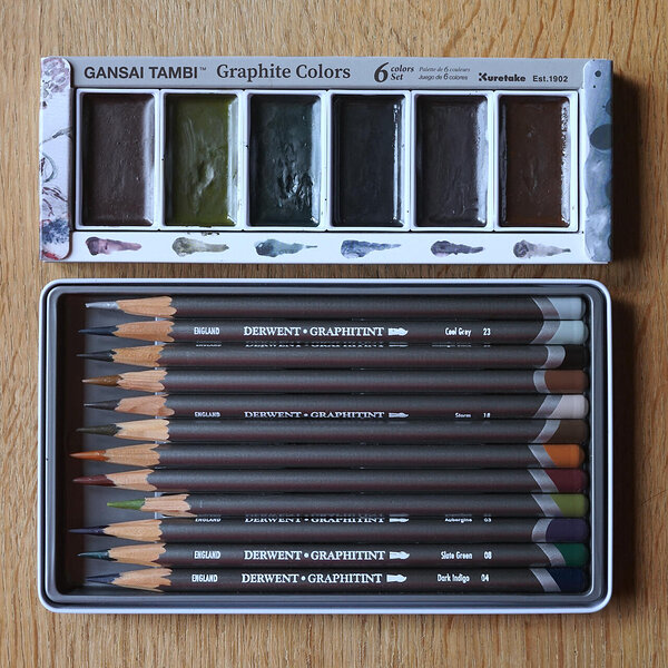 Kuretake Gansai Tambi "Graphite Colors" akvarellid ja Derwent "Graphitint" toonitud veeslahustuvad grafiitpliiatsid
