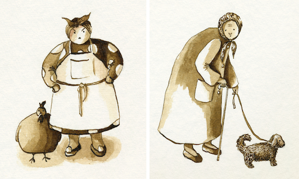 Illustratsioonid. Mari Sagur "Naabriproua kanaga (üleaia vestlused)", "Aliide ja Ulli". Akrüültint