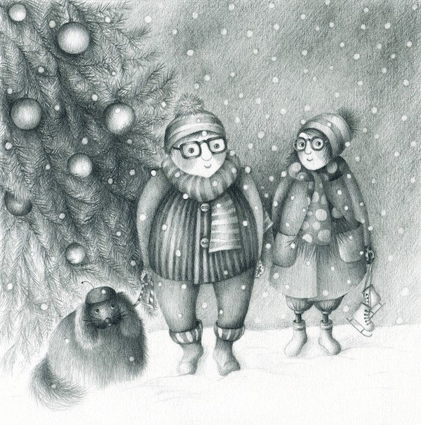 Illustratsioonid. Mari Sagur "Kolm sõpra jõululumes". Grafiit