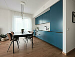 blue kitchen with quartz worktop