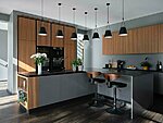 Grey kitchen in combination with veneer panels. Marazzi Saint Laurent ceramic worktop. 