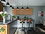 Grey kitchen in combination with veneer panels. Marazzi Saint Laurent ceramic worktop. 