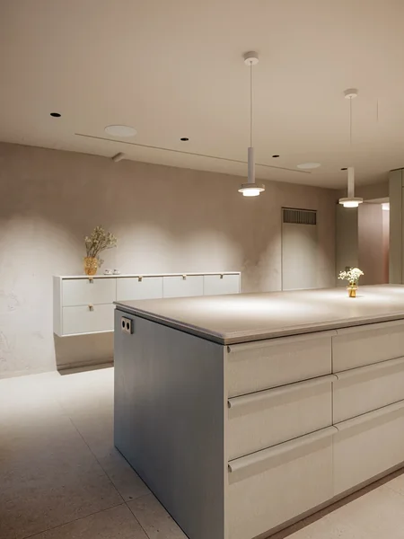 Marmorinoga viimistletud sein toon-toonis köögimööbli ja põrandaga