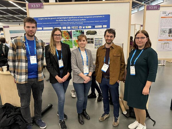 Geological Survey of Estonia geologists team at EGU2024. From left: Markus Ausmeel, Magdaleena Männik, Marlen Hunt, Martin Liira, Maile Polikarpus.