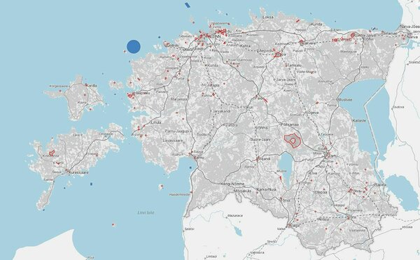 Residual pollution-related objects in Estonia are marked in red and blue. Fortunately, only a number of these are the source of high toxicity, whilst others contain no immediate environmental threat (source map: https://register.keskkonnaportaal.ee/register)