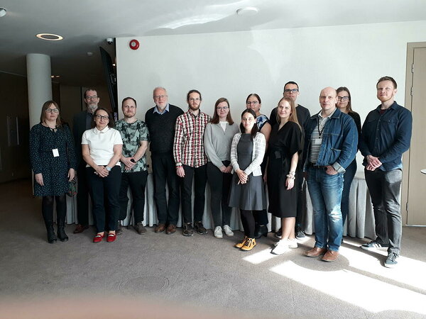 Enthusiastic participants in Tallinn at the Tallink Hotel lobby, waiting to be educated about the Project Management basics. Lecturers Tuija Villikka, Juha Kaija and Nina Isokorpi on left, followed by the Estonian Geological Survey staff members.