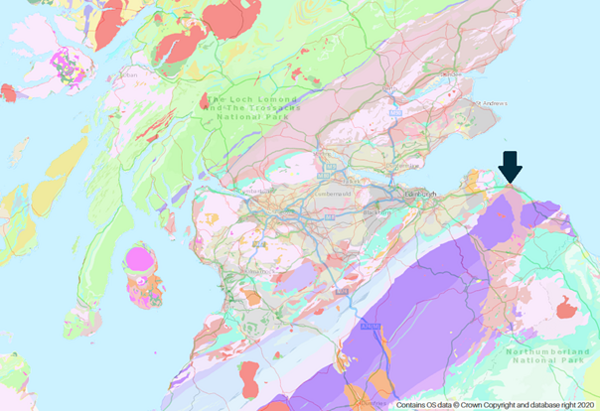 Geological map of Scotland with Siccar point and Pease Bay arrowed. Clicking on the map will guide you to the online map repository of the BGS