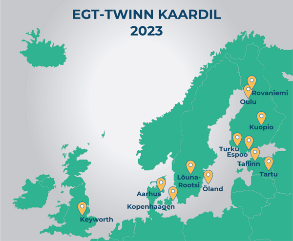 Erinevad kohad Euroopas, kus EGT-TWINN projektid 2023. aastal aset leidsid.